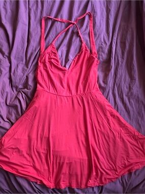 flowy red cross back halter dress
